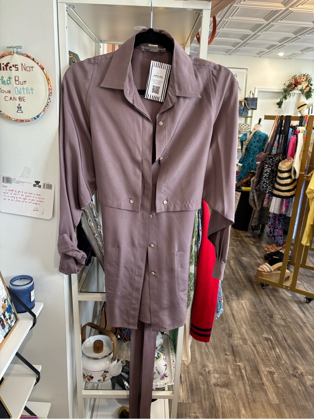Vintage Women's Mauve Utility Shirt Dress with Tie Waist